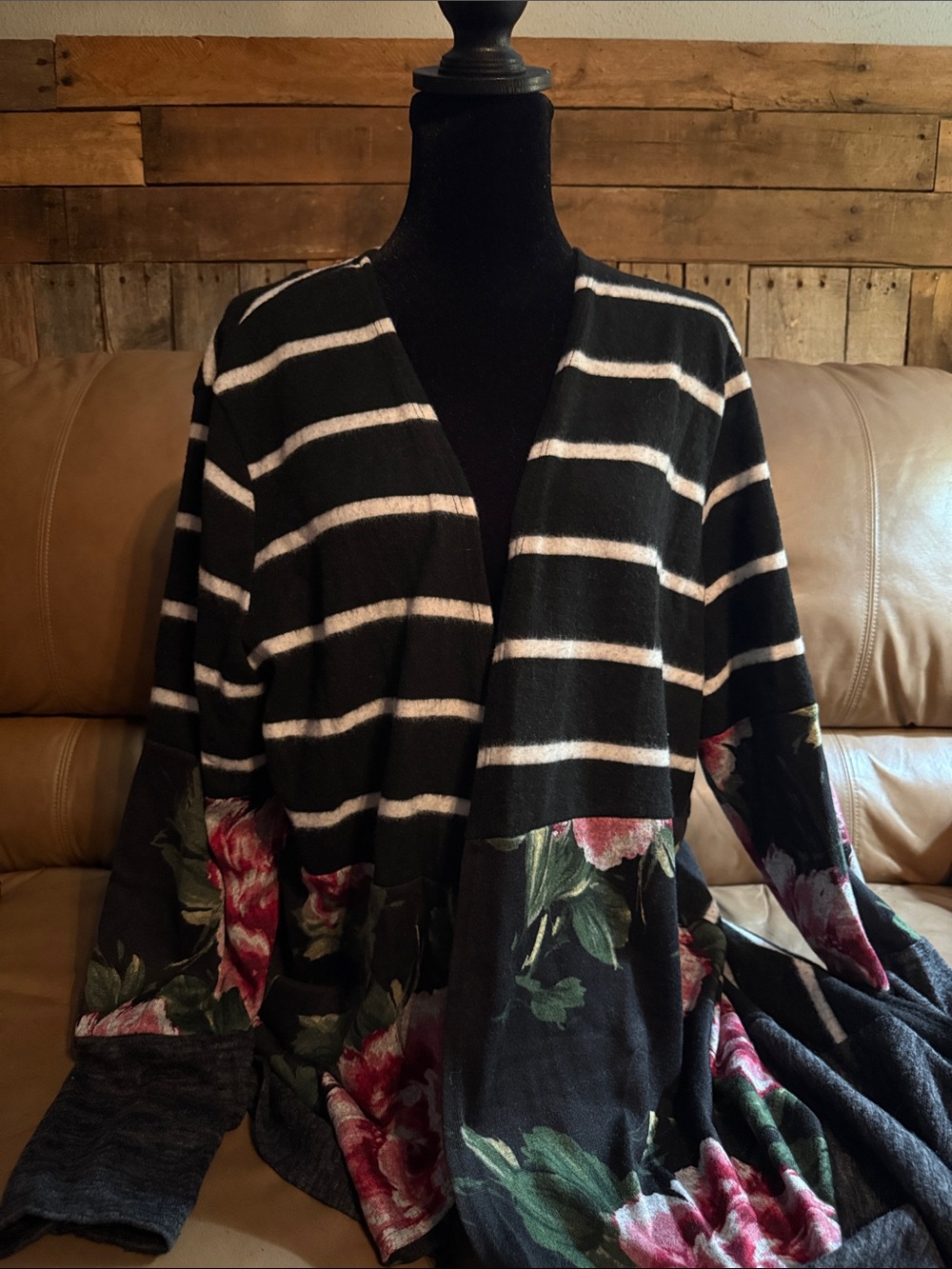 Black and White Striped Floral Open-Front Cardigan